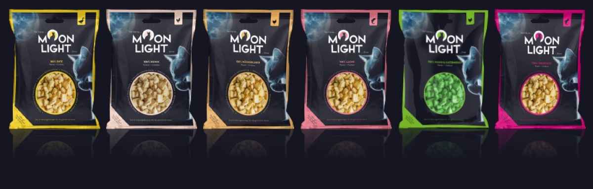 Kennenlernpaket Moonlight-Dinner: Fleischmahlzeit #1 bis #10 - je 2 Dosen 80g / Moonlight Croutons je 1x 70131/-32/-33/-34/-35 /-36  Filetstick je 1x Ente-Thun-Huhn-Kaninchen-Forelle-Lachs / Filetcreme je 1 Tafel 4x15g Huhn-Ente-Thun-Lachs / Jus 6 Sorten