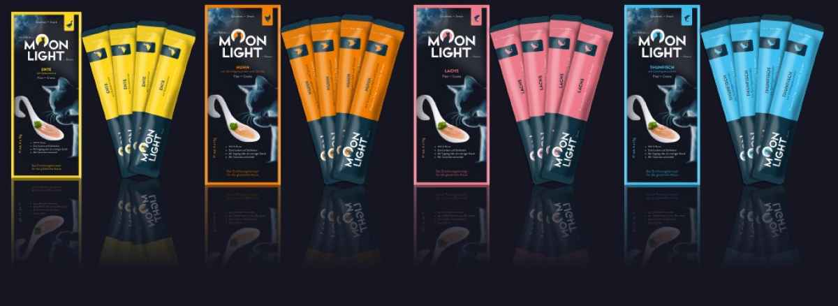 Kennenlernpaket Moonlight-Dinner: Fleischmahlzeit #1 bis #10 - je 2 Dosen 80g / Moonlight Croutons je 1x 70131/-32/-33/-34/-35 /-36  Filetstick je 1x Ente-Thun-Huhn-Kaninchen-Forelle-Lachs / Filetcreme je 1 Tafel 4x15g Huhn-Ente-Thun-Lachs / Jus 6 Sorten