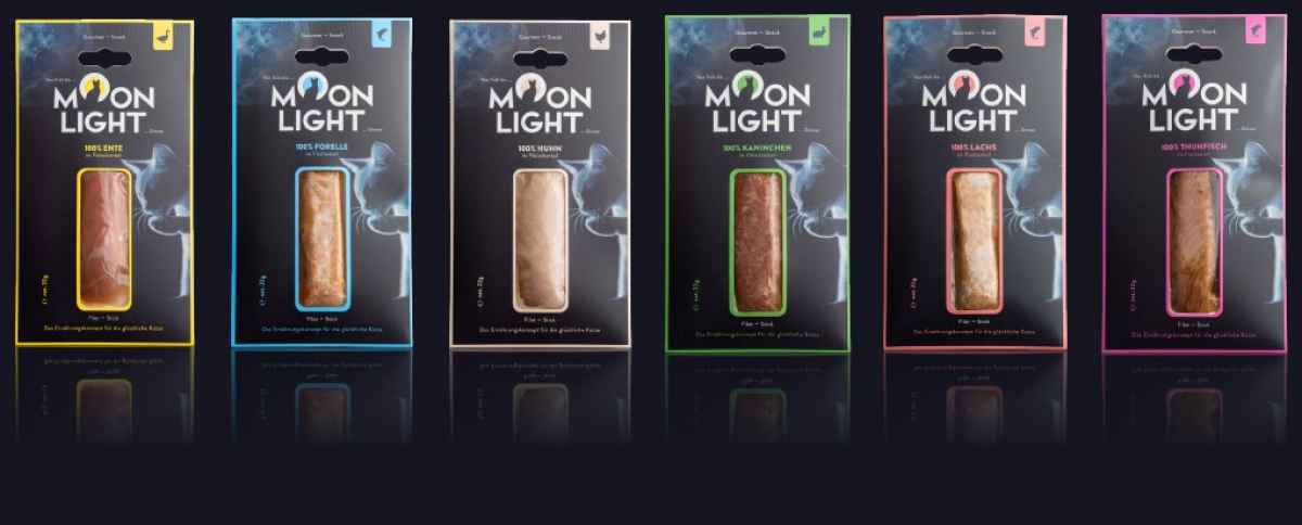 Kennenlernpaket Moonlight-Dinner: Fleischmahlzeit #1 bis #10 - je 2 Dosen 80g / Moonlight Croutons je 1x 70131/-32/-33/-34/-35 /-36  Filetstick je 1x Ente-Thun-Huhn-Kaninchen-Forelle-Lachs / Filetcreme je 1 Tafel 4x15g Huhn-Ente-Thun-Lachs / Jus 6 Sorten